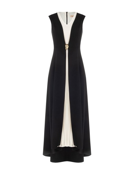 Vestido comprido de crepe scuba com painel central plissado em georgette e decote em V Rinascimento
