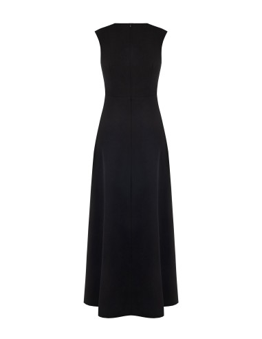 Vestido comprido em crepe scuba com inserção central plissada em georgette e decote em V Rinascimento