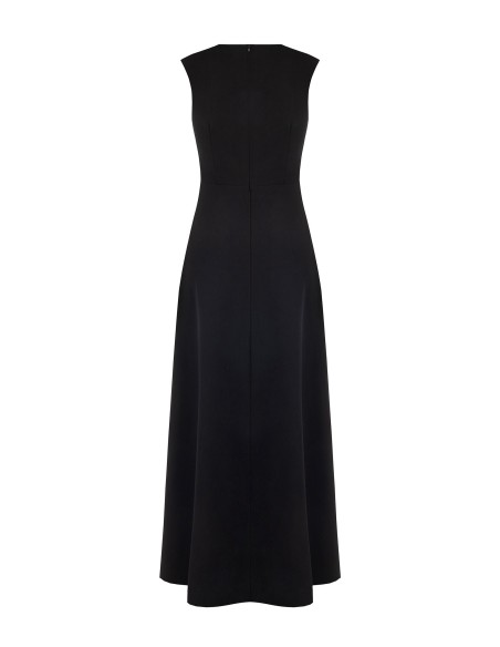 Vestido comprido em crepe scuba com inserção central plissada em georgette e decote em V Rinascimento