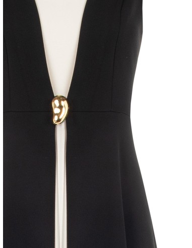 Vestido comprido em crepe scuba com inserção central plissada em georgette e decote em V Rinascimento