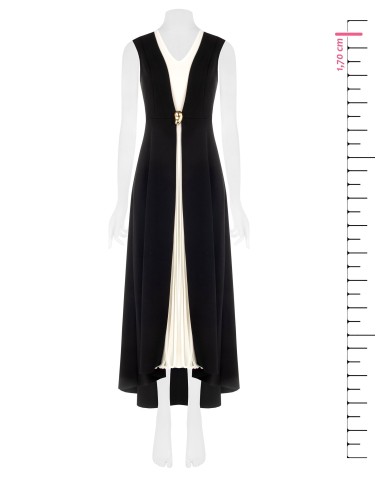 Vestido comprido em crepe scuba com inserção central plissada em georgette e decote em V Rinascimento