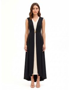 Vestido Comprido em Scuba Crepe com Painel Central Plissado em Georgette e Decote em V Rinascimento