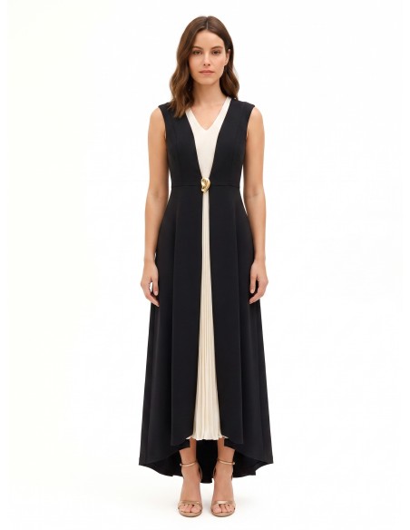 Vestido Comprido em Scuba Crepe com Painel Central Plissado em Georgette e Decote em V Rinascimento