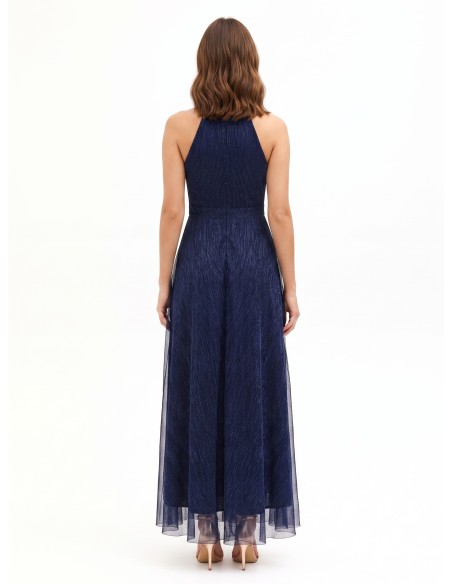Vestido comprido com decote halter e saia plissada Rinascimento