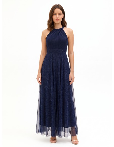 Vestido comprido com decote halter e saia plissada Rinascimento