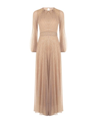 Vestido comprido evasé em georgette plissado com lurex Rinascimento