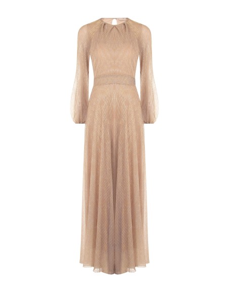 Vestido comprido evasé em georgette plissado com lurex Rinascimento