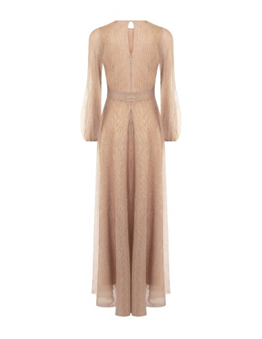 Vestido comprido evasé em georgette plissado com lurex Rinascimento