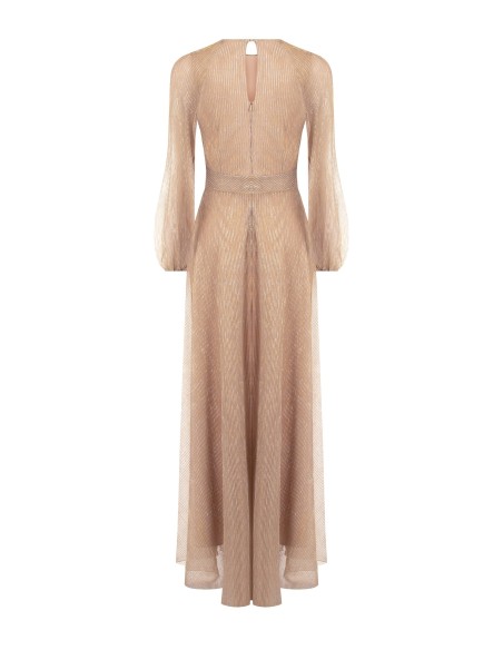 Vestido comprido evasé em georgette plissado com lurex Rinascimento