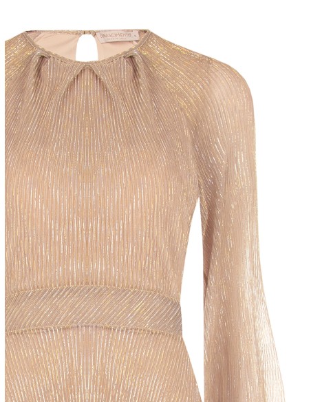 Vestido comprido evasé em georgette plissado com lurex Rinascimento