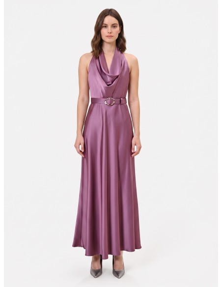 Vestido comprido rodado em cetim com cinto a condizer Rinascimento