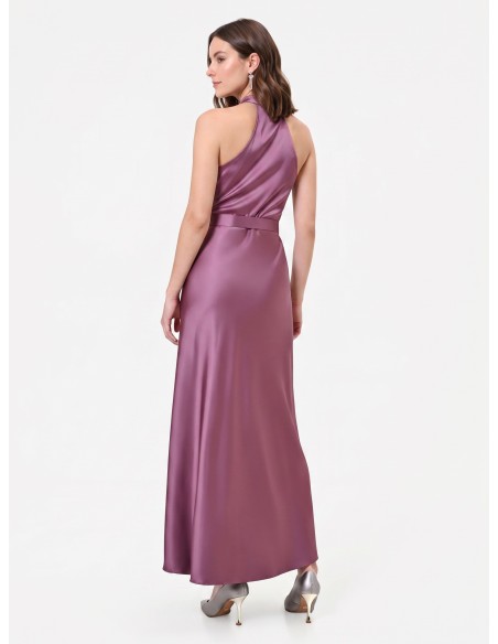 Vestido comprido rodado em cetim com cinto a condizer Rinascimento