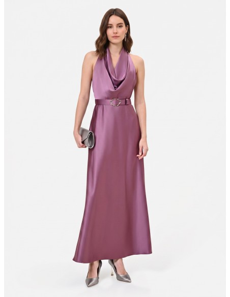 Vestido comprido rodado em cetim com cinto a condizer Rinascimento