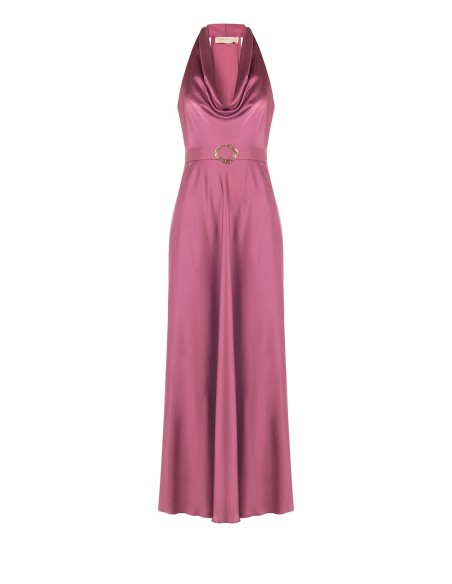 Vestido comprido rodado em cetim com cinto a condizer Rinascimento