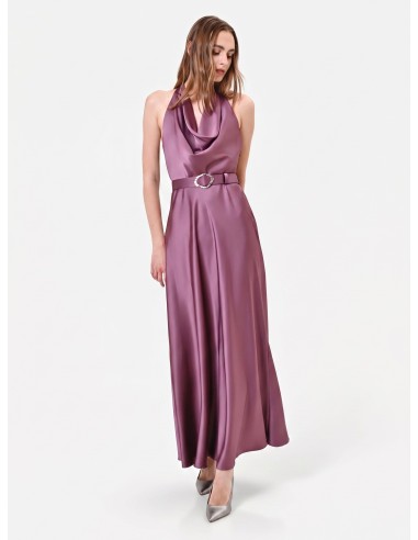 Vestido comprido rodado em cetim com cinto a condizer Rinascimento