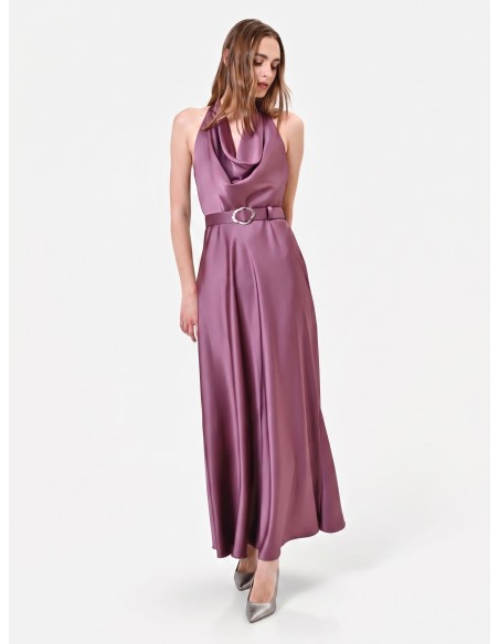 Vestido comprido rodado em cetim com cinto a condizer Rinascimento