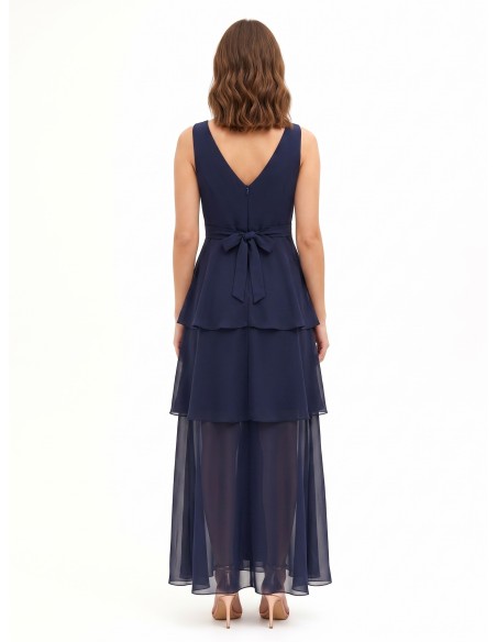 Vestido Comprido em Georgette com Volantes e Decote em V Duplo Rinascimento