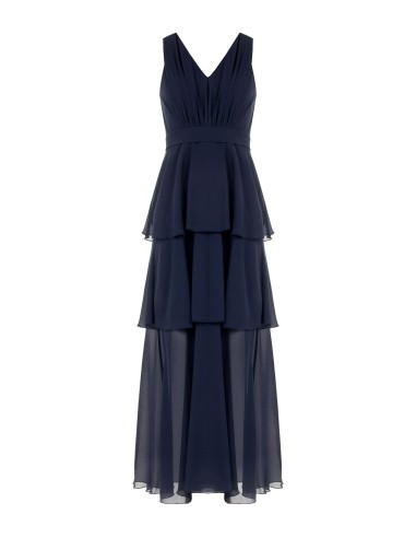 Vestido Comprido em Georgette com Volantes e Decote em V Duplo Rinascimento