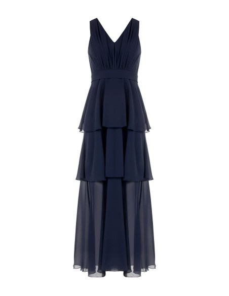 Vestido Comprido em Georgette com Volantes e Decote em V Duplo Rinascimento
