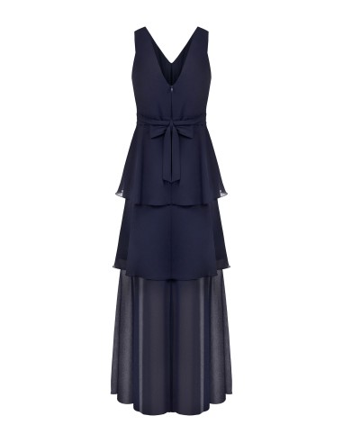 Vestido comprido em georgette com folhos e decote em V duplo Rinascimento