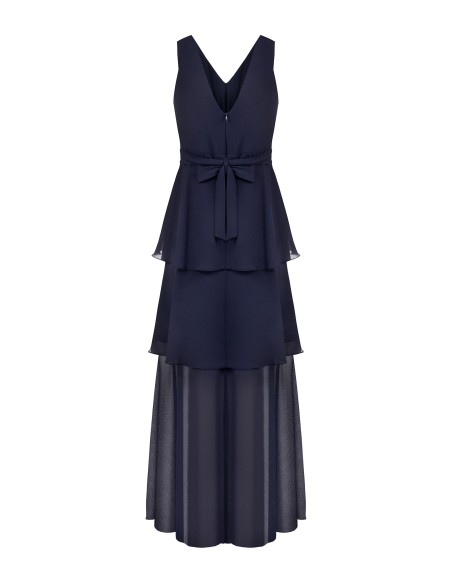 Vestido comprido em georgette com folhos e decote em V duplo Rinascimento