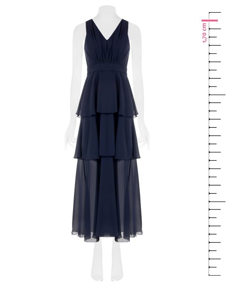 Vestido comprido em georgette com folhos e decote em V duplo Rinascimento