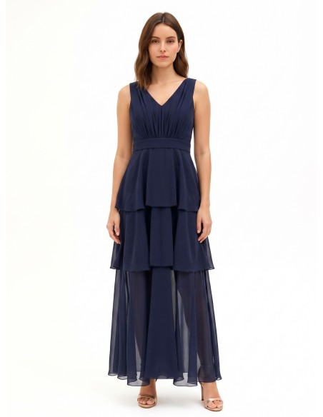 Vestido comprido em georgette com folhos e decote em V duplo Rinascimento