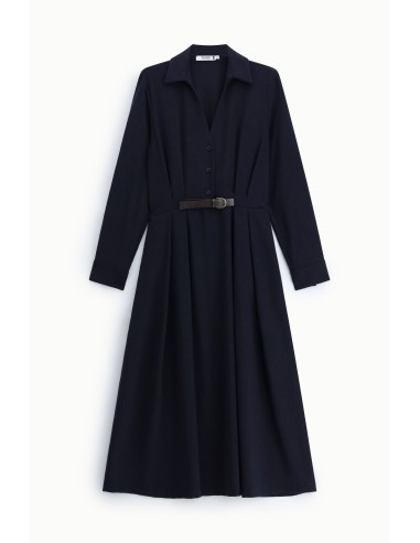 Vestido comprido com cinto e gola clássica Please
