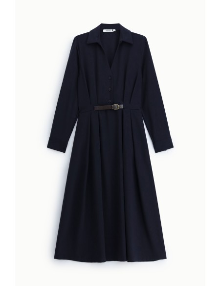 Vestido comprido com cinto e gola clássica Please