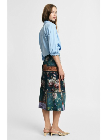 Saia midi transpassada com padrão floral e estampa patchwork Please