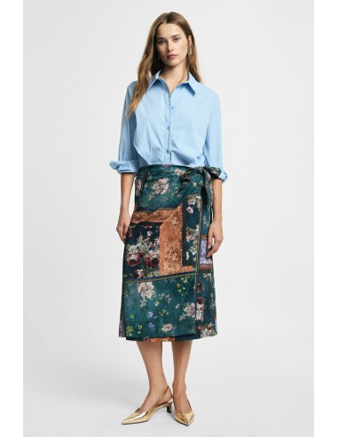 Saia midi de carteira com padrão floral, estampado patchwork Please