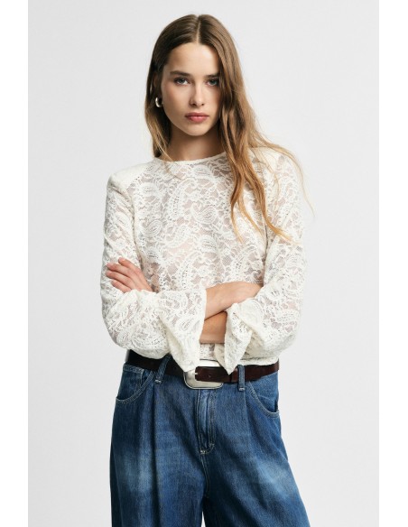 Camisola de renda com mangas balão Please