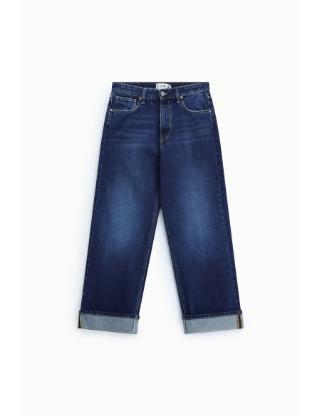 Jeans largos de cintura subida com bainha virada Please