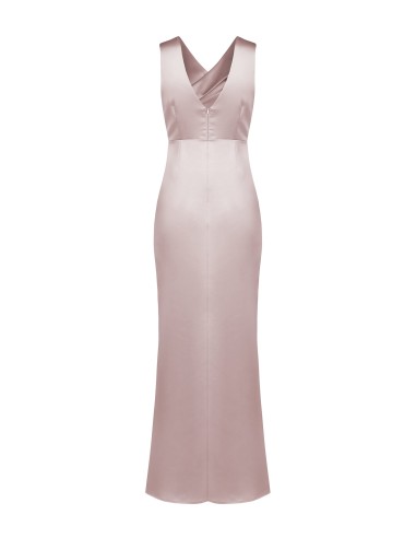 Vestido comprido em cetim estruturado, transpassado, com decote duplo em V Rinascimento