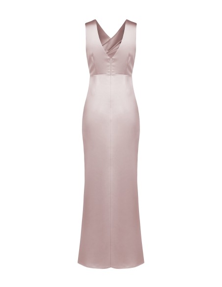 Vestido comprido em cetim estruturado, transpassado, com decote duplo em V Rinascimento