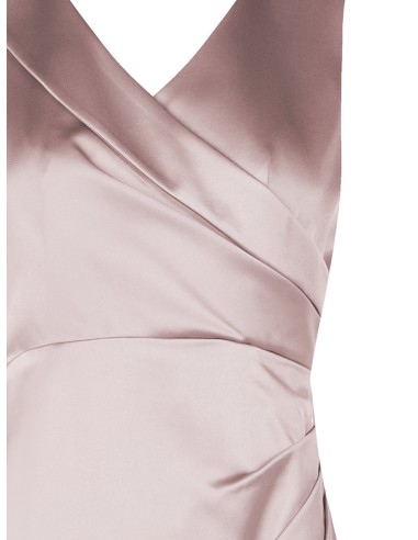 Vestido Comprido em Cetim Estruturado com Efeito Cruzado e Duplo Decote em V