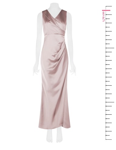Vestido comprido em cetim estruturado, cruzado, com duplo decote em V, Rinascimento