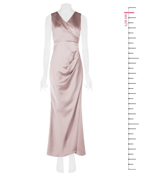 Vestido comprido em cetim estruturado, cruzado, com duplo decote em V, Rinascimento