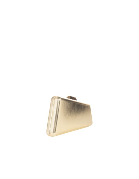 Clutch rígida em formato trapezoidal em pele sintética metalizada, com alça de ombro em corrente