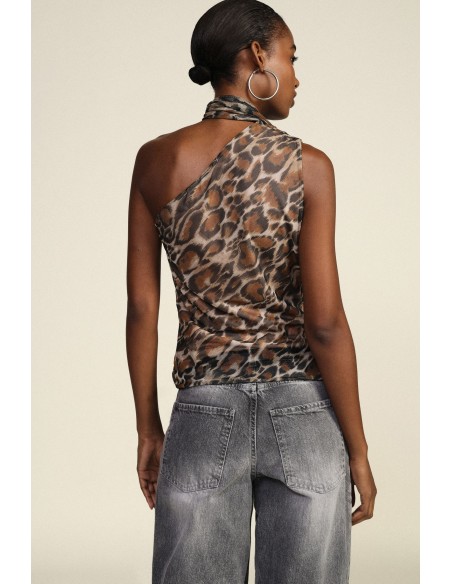Top de Um Ombro com Estampado Animal e Laço Dixie