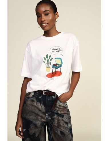 T-Shirt Oversize de Gola Redonda com Estampado de Gira-Discos Dixie