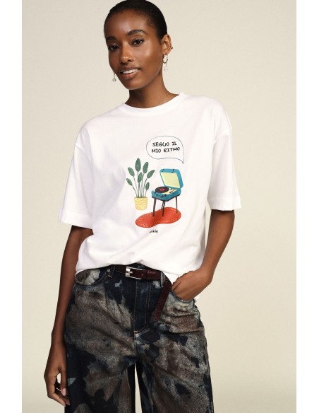 T-Shirt Oversize de Gola Redonda com Estampado de Gira-Discos Dixie