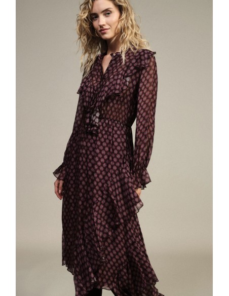 Vestido midi estampado com botões e folhos Dixie