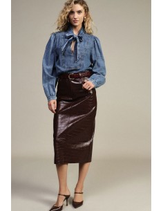 Saia midi de cintura subida com estampado efeito crocodilo Dixie