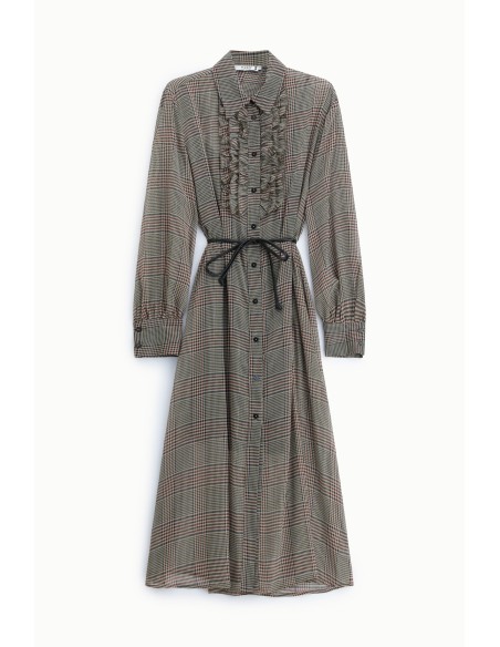 Vestido midi com padrão xadrez, cinto e folhos Please