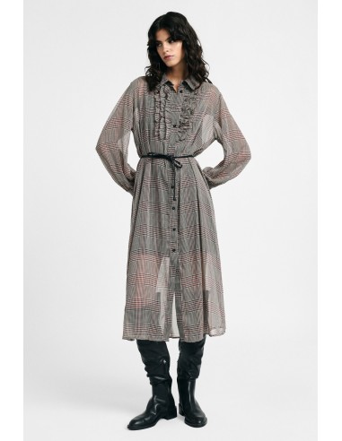 Vestido midi com padrão axadrezado, cinto e folhos Please