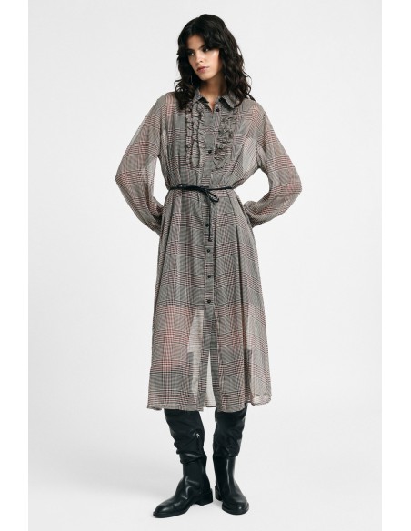 Vestido midi com padrão axadrezado, cinto e folhos Please