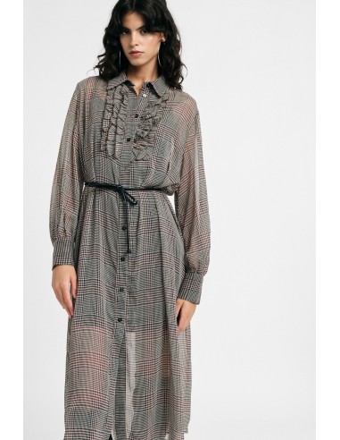 Vestido midi com estampado aos quadrados, cinto e folhos Please