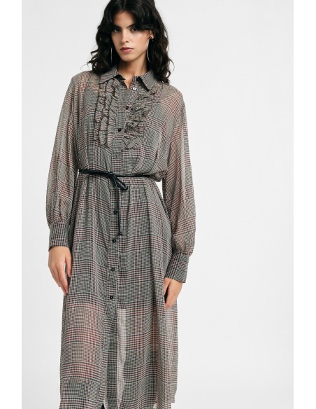 Vestido midi com estampado aos quadrados, cinto e folhos Please