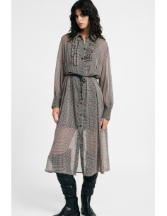 Vestido midi com estampado axadrezado, cinto e folhos Please